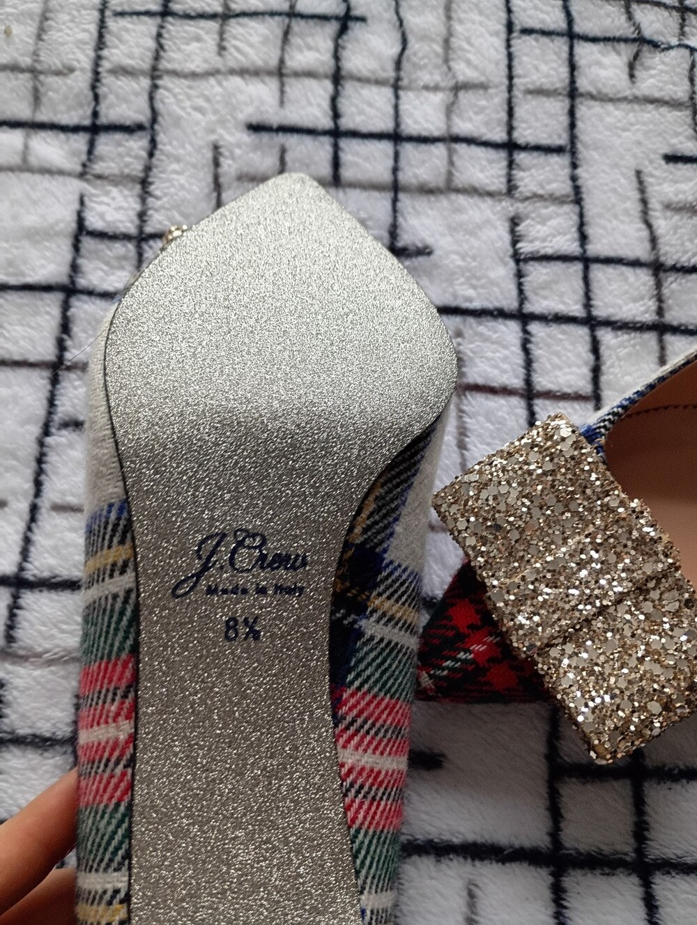 J. Crew Colette Pumps Plaid Gold Glitter Bow Pointed Toe Heels Size 8.5 NWOT - Picture 6 of 8
